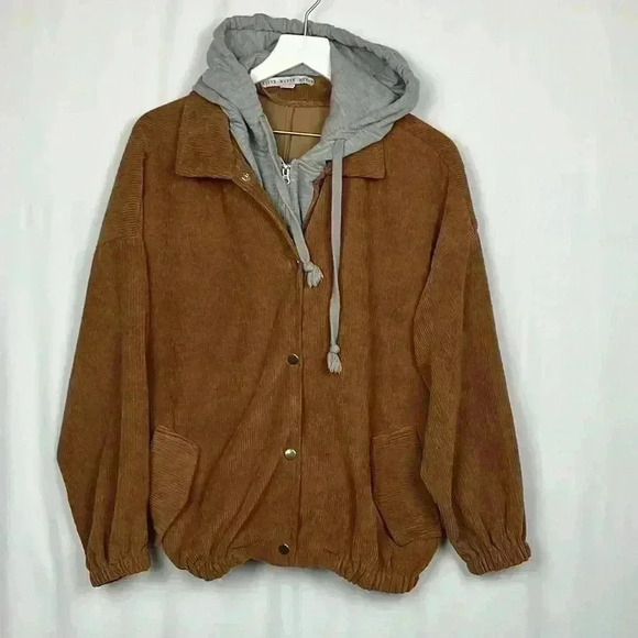 HYFVE Womens Sweatshirt/Jacket Tan/Gray M Contrast Gray Hood Drop Puff Sleeves - Picture 1 of 15